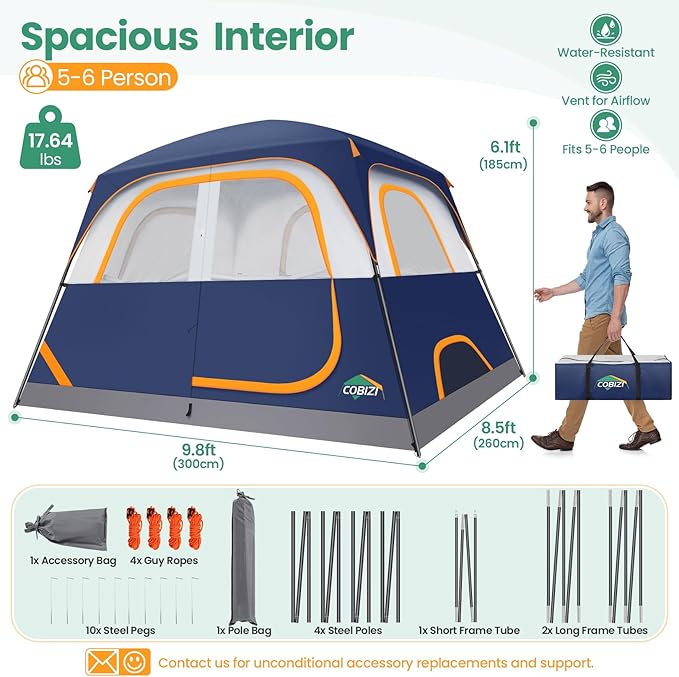 COBIZI Camping Tent 4 Person Easy Setup Waterproof Windproof Backpacking Tent with Removable Rainfly Lightweight Portable Outdoor Family Tents for Camping Travel Fishing Hiking Scouts (Green)