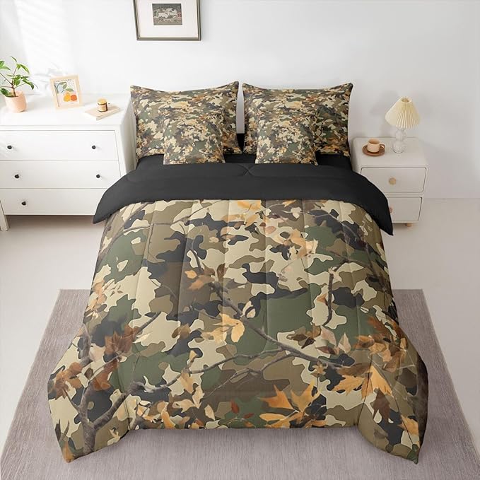 jejeloiu Camouflage Botanical 7 Piece Bedding Set for Girls Boys Kids Full Size Camo Bed in a Bag Room Decor Military Style Comforter Set with SheetsPillowcases &amp Cushion Cover Microfiber