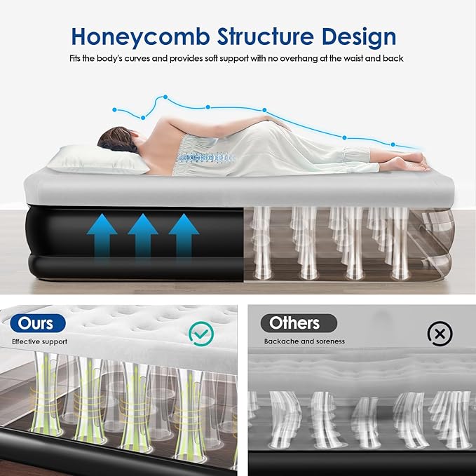 MoKo Air Mattress Queen with Built in Pump 18'' Luxury Inflatable Mattress 3 Min Fast Blow up Mattress Comfort Top - Velvety Air Bed for Home Camping Travel Guests Black/Gray