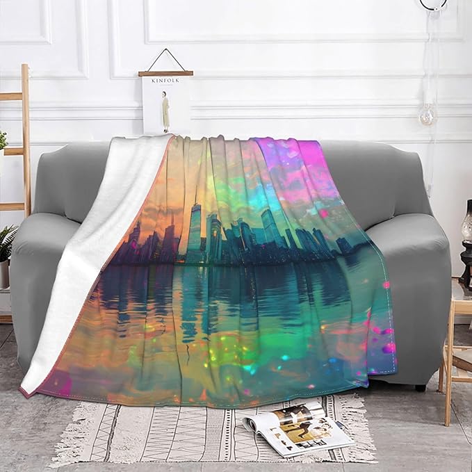 Holographic neon City Soft Fleece Blanket 60 * 50 inch Soft Sofa Blanket Suitable for Sofa Camping Travel Night Cover Blanket