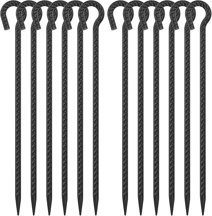 18 Inch Rebar Stakes with Loop 12 Pack Camping Tent Ground Anchors Heavy Duty 1/2 Inch Diameter Metal Tree Stakes and Supports for Leaning Trees Dog Tie Out Stake Garden Rope Fence Stakes Black