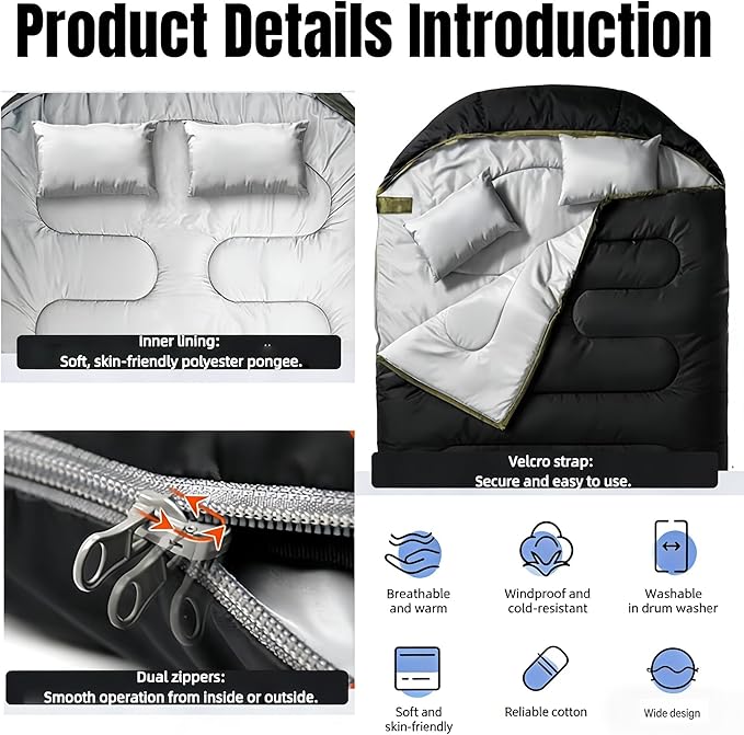 Double Sleeping Bag for 2 Adults Convertible to 2 Single Bags 3-in-1 Waterproof Camping Bag with Pillows Machine Washable 6.6 lbs Lightweight 59x87 Inches