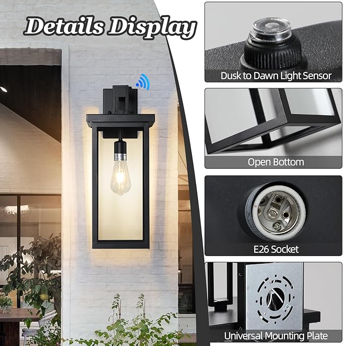 Large Exterior Lighting Fixtures Modern Wall LanternOutdoor Wall Lights with Clear Glass ShadeOutdoor Lamps for Patio PorchWaterproof Outside Exterior LightsDusk to Dawn 20IN-1 Pack