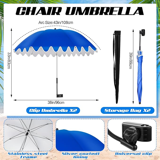 Abbylike 2 Pcs Scalloped Chair Umbrella with Universal Adjustable Clamp 38'' Portable Wheelchair Umbrella UPF 50+ Camping Chair Parasol with Bag for Outdoor Patio Lawn