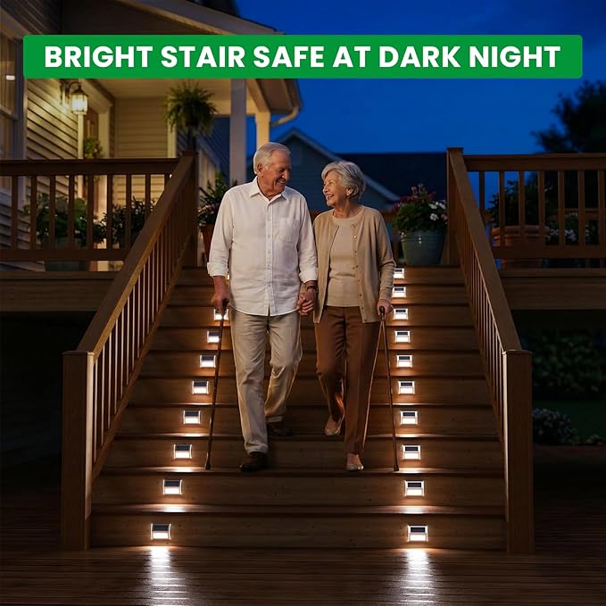 JSOT Outdoor Fence Lights12 Pack Solar Powered Deck Lights Waterproof Stairs Light Stainless Steel Security Wall Lamps for Step Walkway Patio Garden Pathway - Cool White