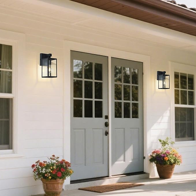 LALUZ Black Outdoor Wall Lights Modern Farmhouse Rectangle Porch Lights Outdoor Wall with Clear Glass Waterproof Anti-Rust Exterior Outside Sconce Lighting Light Fixtures for House Patio Garage