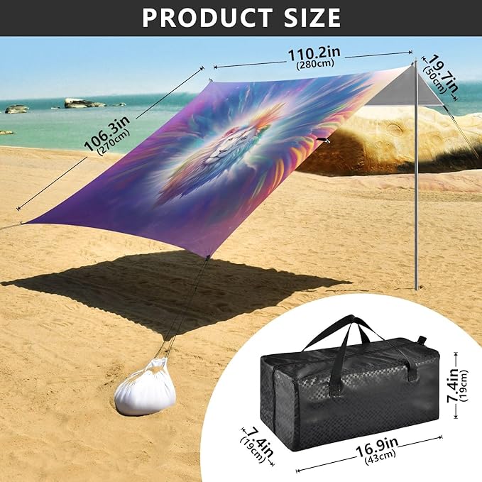 ALAZA Lion Artwork Beach Tent Sun Shelter UPF50+ Protection Beach Shade Canopy w/ 4 Sandbags for Outdoor Camping Fishing Backyard Fun Picnic 10x9 ft