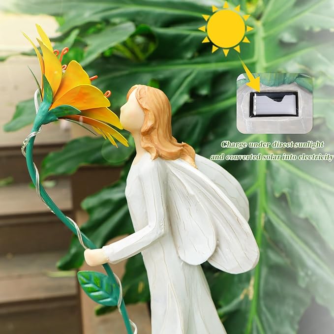 Fairy Garden Statue Outdoor Decor Solar Powered Garden Sculptures Fairy Resin Statues Waterproof Yellow Flower Solar LED Lights Yard Art Decorations for Outside Patio Lawn Decor