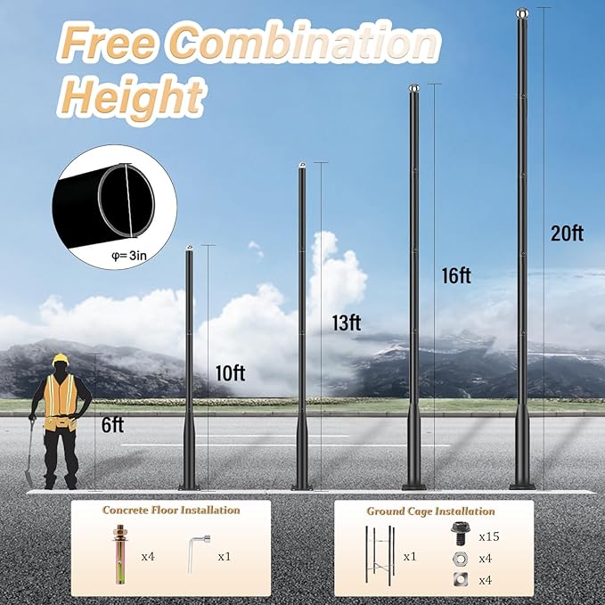 Street Light Pole 20Ft - Black Outdoor Adjustable Metal Solar Street Lamp PostSuitable for Street Courtyard Porch Exterior Patio Flag Lighting Fixtureswith Mounting Rebar Cage Base Accessory