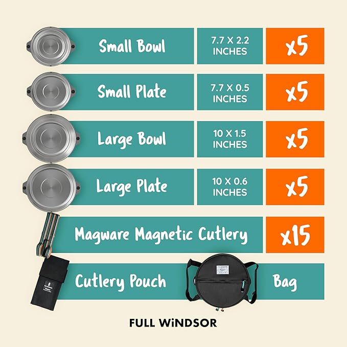 FULL WiNDSOR - MAGWARE - Magnetic Bowls and Plates Set - Stainless Steel Travel Dinnerware for Camping Overlanding Backpacking Picnic RV Outdoor Dining Portable Tableware Mess Kit