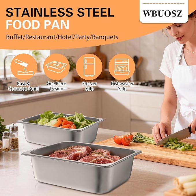 1/2 Size Hotel Pan with Lids 4 Pack 4'' Deep Steam Table Pan 12.8''L x 10.4''W Stainless Steel Pans for Home Party Hotel Buffet