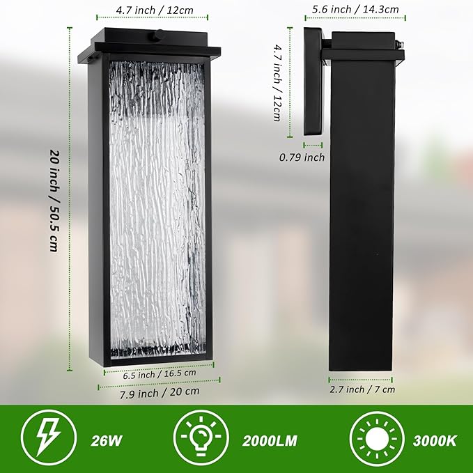 20 Extra Large Dusk to Dawn LED Outdoor Light 2 Packs Black Modern Exterior Lighting Fixtures Outside Porch Lights Wall Mount Mid-Century Wall Lantern with Rippled Glass Patio Sconce Lamp