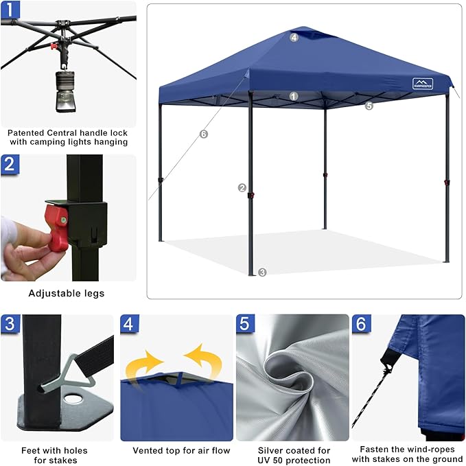 KAMPKEEPER One Person Setup 10x10 Pop up Canopy Tent Instant Portable Canopy One Push Outdoor Canopy with 3 Adjustable Heights Wheeled Carry Bag Bonus 8 Stakes and 4 Ropes(Navy)