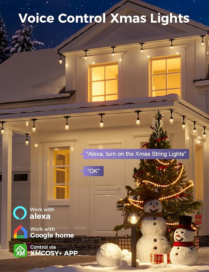 XMCOSY+ Smart Outdoor String Lights 123Ft LED Patio Lights Waterproof IP65 App Control Compatible with Alexa Dimmable Edison Bulbs Outdoor Light for Yard Porch Bistro Outside