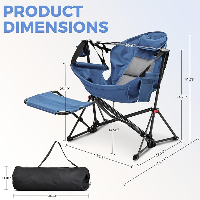 Ainfox Hammock Camping Chair with Footrest Foldable Portable Rocking Chairs for Adults Outside Swinging Camp with Cup Holder Pillow for Outdoor Patio Poolside (Dark Blue)