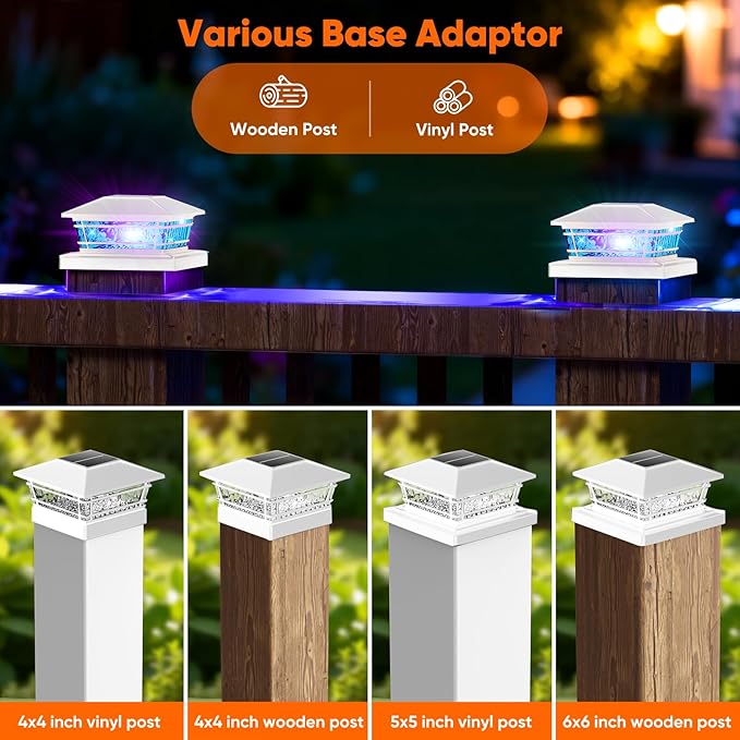 Post Solar Lights with 8 RGB Solid Colors &amp Color Changing 8 Pack Deck Post Lights for Porch Yard Garden Waterproof Solar Fence Post Cap Lights for 4x4 5x5 6x6 Vinyl/Wooden Posts White
