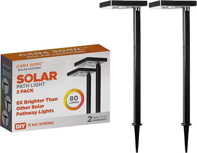 Gama Sonic Contemporary Black Square Solar Garden Light Heavy Duty Cast Aluminum 80 Lumen with Bright White and Warm White LED Options 26.75 in Tall for Sidewalk Pathway 2-Pack 117iP290080