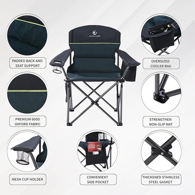 GREEN PARTY Oversized Folding Camping Chairs High Back Heavy Duty Padded Lawn Chair for Adults Support up to 450lbs with Cup Holder Side Pocket Cooler Bag Green