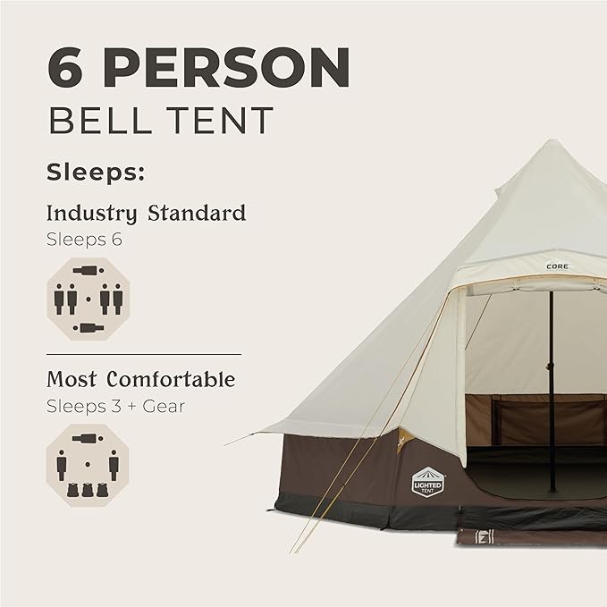 CORE 6 Person Bell Tent with LED Lights | Spacious Family Lighted Tent with Carry Bag for Camping Glamping and Backyard Adventures