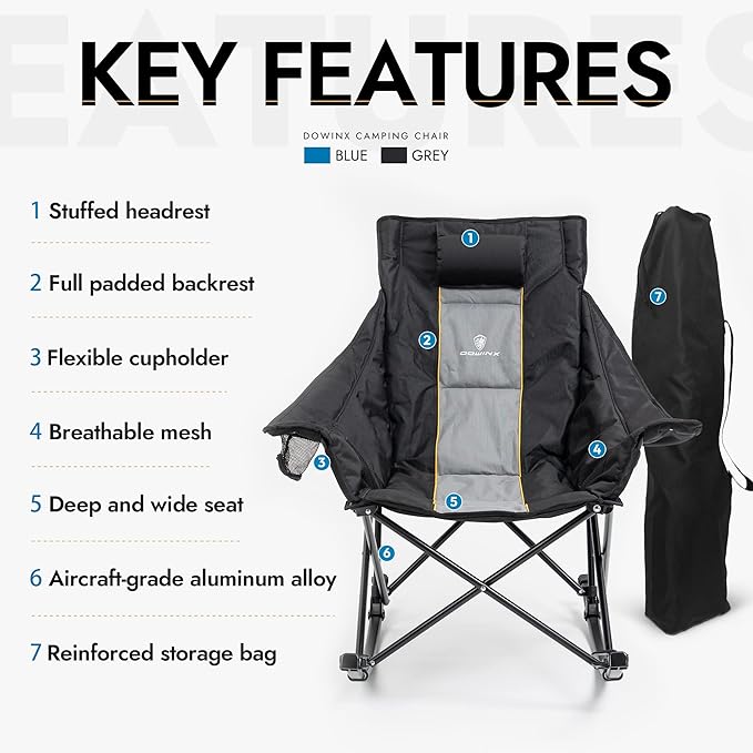 Dowinx Oversized Rocking Camping Chair Fully Padded Patio Chair with Side Pocket and Carry Bag High Back Portable Lawn Recliner with Headrest Support 300 lbs Black
