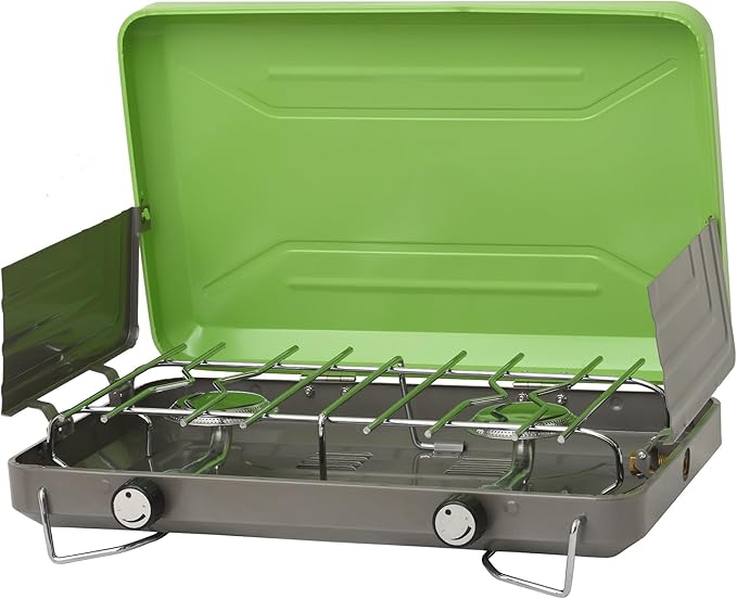 Flame King VT-101 2-Burner Portable Camping Stove Grill Great for Outdoor Cooking Backpacking Compatible with 1LB Propane Gas Bottle