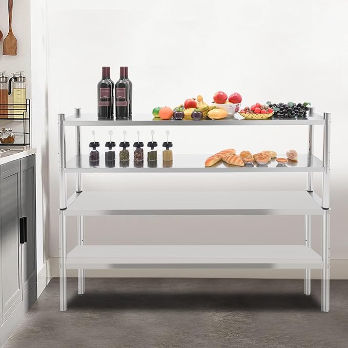 12'' x 60'' Stainless Steel Overshelf Commercial 2 Tier Shelf Adjustable Shelf Storage for Kitchen Restaurant and Workshop Weight Capacity 176lbs