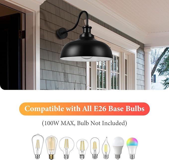 Outdoor Barn Lights16 Inch Dome Outdoor Wall Sconces Farmhouse Exterior Wall Mount Light Vintage Wall Lighting Fixture Industrial Black Lantern Lamps for Porch Entryway Garage 2 Pack