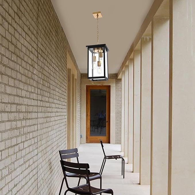 3-Lights Black and Brass Outdoor Pendant Light Exterior Hanging Lantern with Clear Glass Height Adjustable Hanging Light Fixture for Porch Patio Damp Locations E26 Base