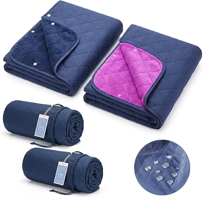 Waterproof Outdoor Stadium Blanket – Quilted &amp Windproof 57x49 Compact Picnic &amp Beach Blanket for Camping Sports Travel – Car Seat Cover for Post-Water Activities (Navy+Violet)