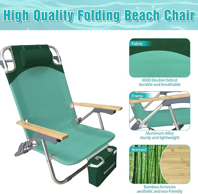 Folding Backpack Beach Chair 2 Pack for Adults &amp Teens Aluminum 5-Position Lay Flat Lounge Chair with Camping Bamboo Table 200LBS Beach Reclining Chair Outdoor with Cooler Bag Green