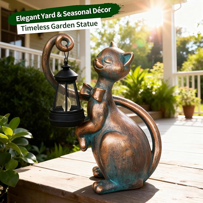 WHIMSYNOOK 10.7 Bronze Cat Garden Statue with Solar Light – Outdoor Yard &amp Lawn Décor Charming Cat Figurine Gift for Mom &amp Cat Lovers