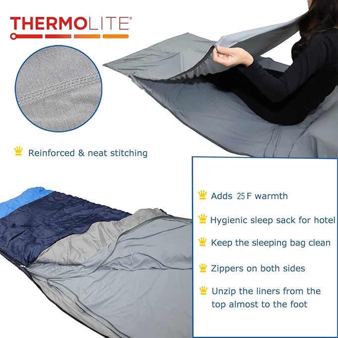 BROWINT Thermolite Sleeping Bag Liner with Zippers for Cold Weather Lightweight Mummy with Hood &amp Rectangular Sleep Sack for Adult Adds Warmth Thermal Travel Liner All Season