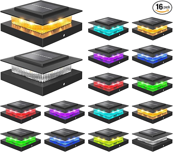 NIORSUN Solar Post Cap Lights Outdoor Waterproof 4x4 Post Solar Lights RGB Color Changing Fence Posts Solars Light for Deck Patio Garden Decoration 4x4 Posts Caps Wood Vinyl 16 Pack (Black)