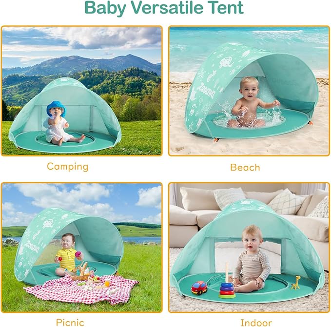 Zooawa Baby Beach Tent Pop Up Beach Tent Sun Shade for Beach Portable Shade Pool UV Protection Sun Shelter for Infant with Beach Sand Toys Set