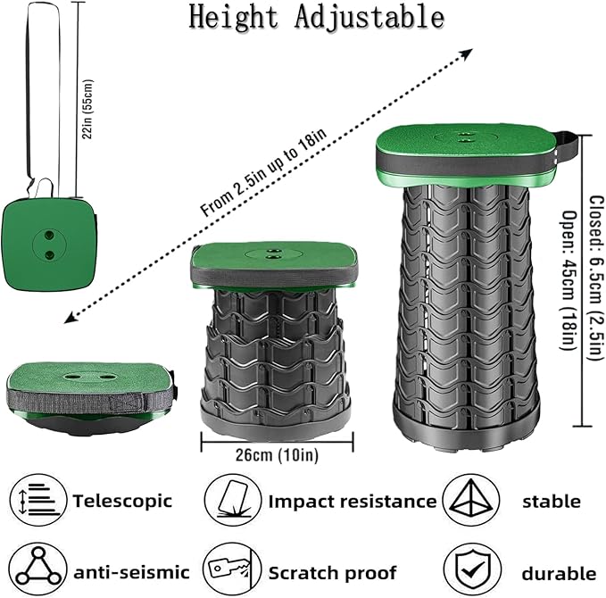 Upgraded Collapsible Stool Portable for Adults Heavy Duty 620lbs Max Weight Square Foldable Stool Thickened Telescoping Folding Seat for Camping Hiking Outdoor Travel(Square) (Green)