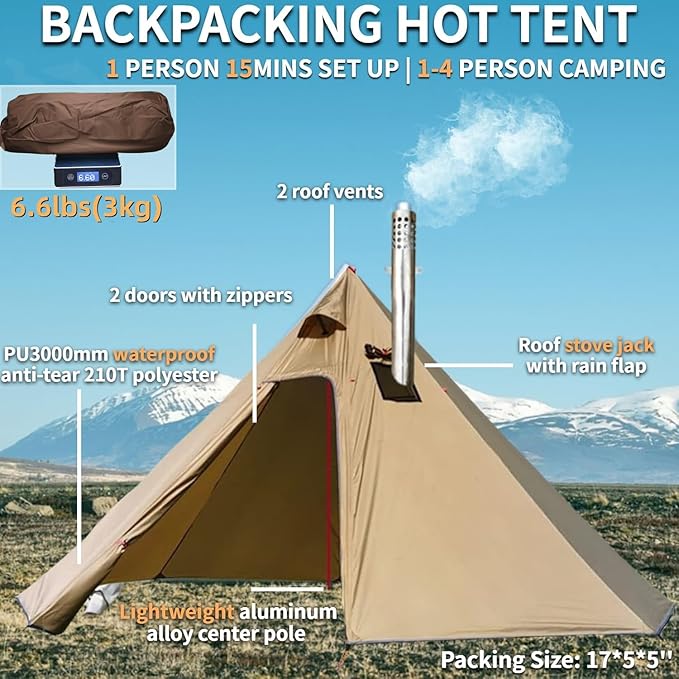 DANCHEL OUTDOOR Backpacking Hot Tent with Stove Jack 4 Season Lightweight Tipi Tent for 2/4/6 Person Winter Camping Hunting 10.5FT-16.4FT
