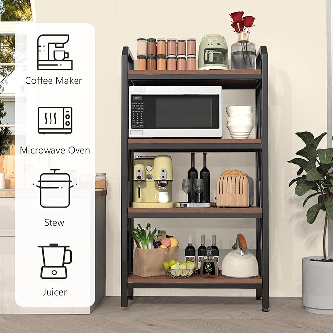 4-Tier Bakers Rack 56 Kitchen Storage Shelf Metal &amp Wood Open Shelving Unit for Pantry Garage Bathroom Living Room - Adjustable Freestanding Organizer Black Brown