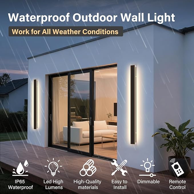 Modern Outdoor Wall Light 31.5Inch Black LED Dimmable IP65 Waterproof with Remote Outdoor Linear Wall Sconces Exterior Lighting Fixture Porch Wall Light for House Front Door Garage