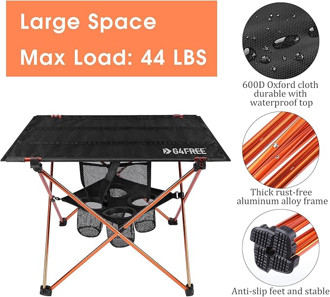 G4Free Folding Camp Table Large Portable Camping Table with 4 Cup Holders and Carrying Bags for Indoor and Outdoor Picnic Tailgating BBQ Beach Hiking Travel Fishing Fishing