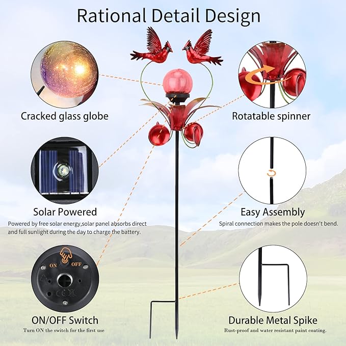 VCUTEKA Cardinal Solar Lights Outdoor Metal Garden Stake Waterproof Crackle Glass Globe Garden Decor Cardinal for Pathway Lawn Patio Yard