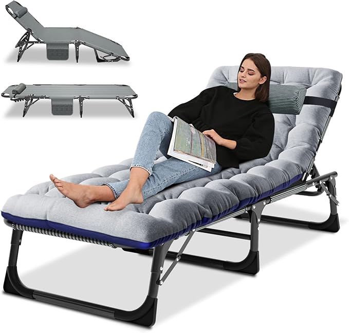 LILYPELLE Portable Folding Camping Cot Adjustable 4-Position Adults Reclining Chaise with Pillow Outdoor Portable Lounge Chair Sleeping Cot for Camping Pool Beach Patio