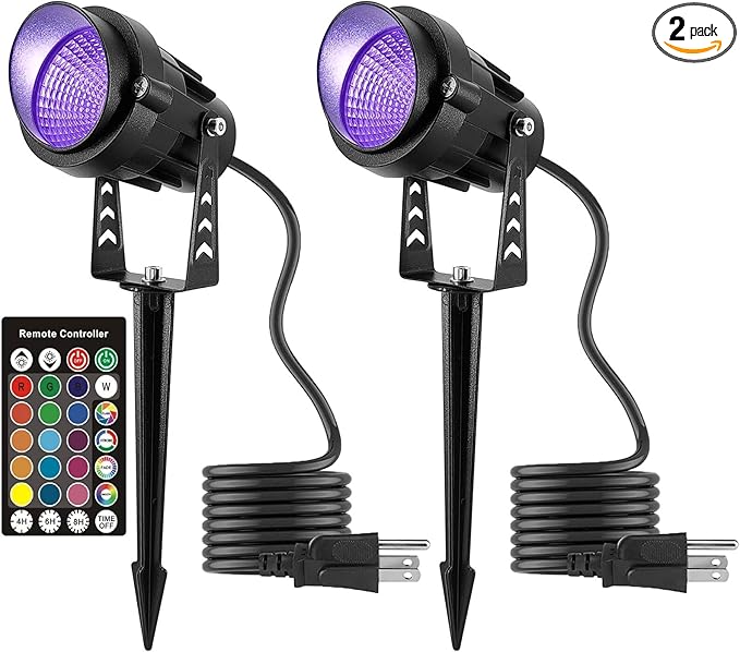Color Changing Spotlight with Timer 12W RGB Color Changing Spot Lights LED IP65 Landscape Waterproof Outdoor Lights Metal Case Spiked Stand for Garden Houses Trees Decorative(2 Pack)