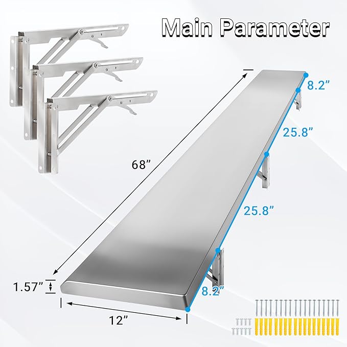 Folding Concession Shelf 68 x 12 Stainless Steel Drop Down Serving Food Shelf for Concession Windows