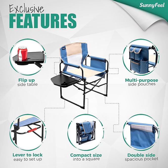 SUNNYFEEL Camping Directors Chair Heavy DutyOversized Portable Folding Chair with Side Table Pocket for Beach FishingTripPicnicLawnConcert Outdoor Foldable Camp Chairs