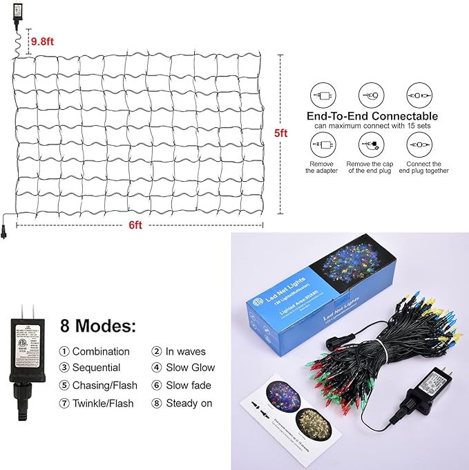 120Led Christmas Net Lights Outdoor 5ft x 6ft Connectable 8 Modes Waterproof Black Wire 29V Plug in Mesh Net Christmas Lights for Garden Yard Bushes Trunk Xmas Tree Decor (Multicolor)