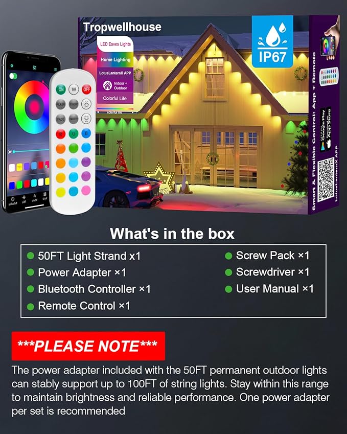 Permanent Outdoor Lights for House 50ft RGB Smart LED Eave Lights with APP &amp Remote Control IP67 Waterproof for Outdoor Decorations Including Halloween Christmas and Daily Lighting