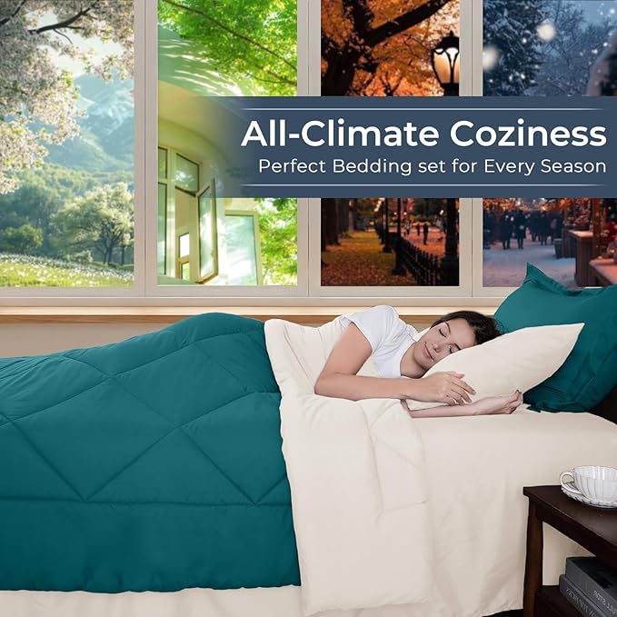 HEVUMYI Queen Comforter Set - 7-Piece All Season Bed in a Bag Queen Ultra Soft Bedding Set with Comforter Flat Sheet Fitted Sheet Pillowcases Pillow Shams Peacock Blue &amp Ivory