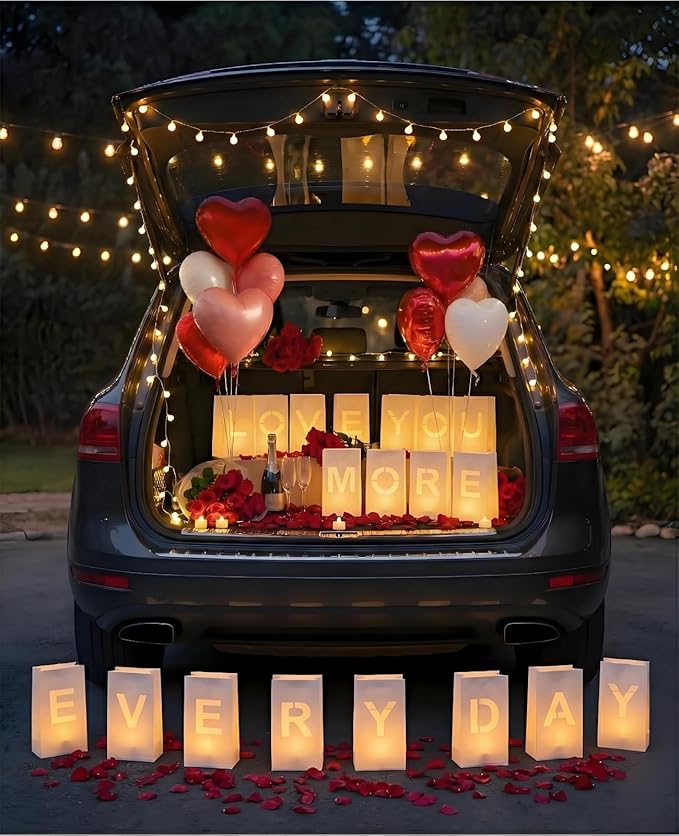 AceList Romantic Anniversary Decorations Set - Love You More Every Day 19 Pcs Luminary Bags with 40 LED Tea Lights 2000 Rose Petals &amp 6 Heart Balloons - Light Up Letters Kit for Proposal