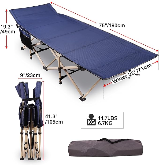 REDCAMP Folding Camping Cots for Adults Heavy Duty 28 Extra Wide Sturdy Portable Sleeping Cot for Camp Office Use Blue