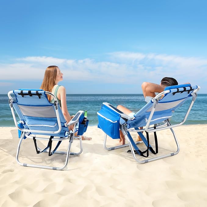 VINGLI Backpack Beach Chair 2 Pack with 5-Position Cup Holders Cooler Bag Towel Bar Lightweight Folding Beach Camping Chairs for Adults(Blue-13)